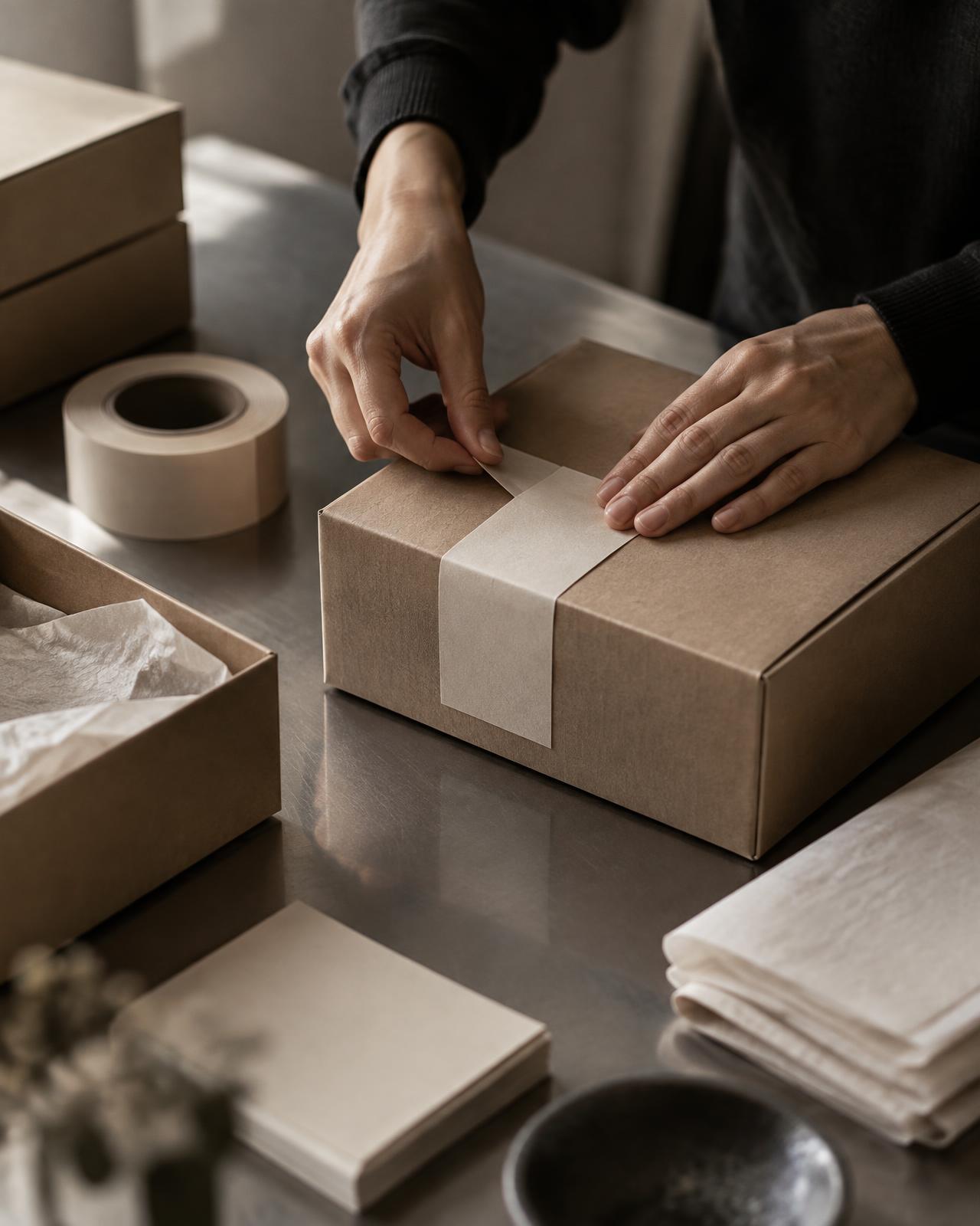 Hände verschließen sorgfältig einen Karton am Packtisch