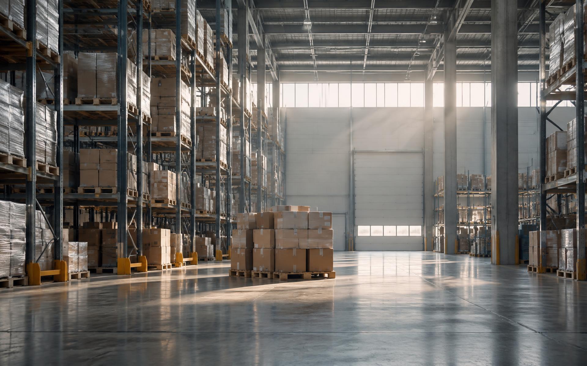Weite Logistikhalle mit Hochregalen und einfallendem Tageslicht